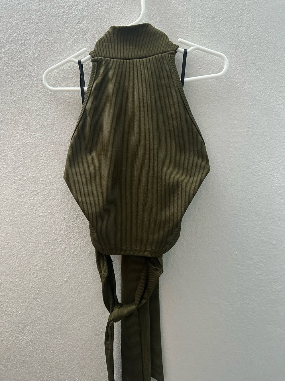 SHEIN Olive Ribbed High Neck Tie-Back Crop Top